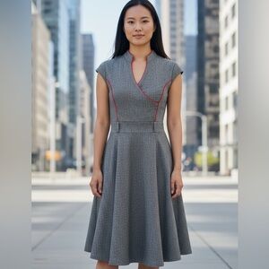 Le Chateau Gray Tweed Midi Dress with Red Trim small 70s style